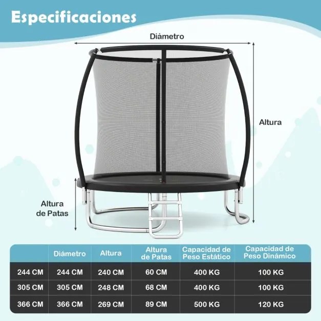 Trampolim exterior com escada Ø366 cm, para jardim com rede de segurança, cobertura de borda e estrutura metálica , preto.