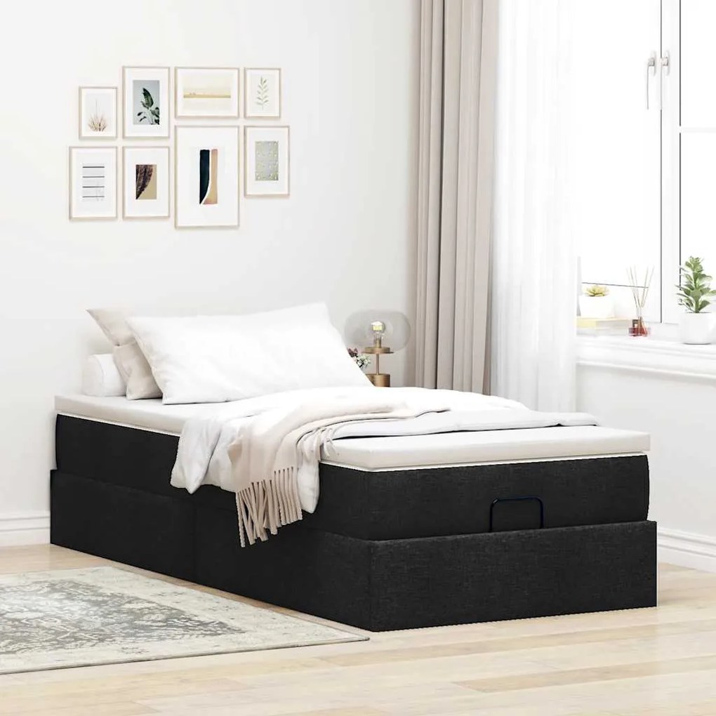 Estrutura de cama otomana com colchão preto tecido