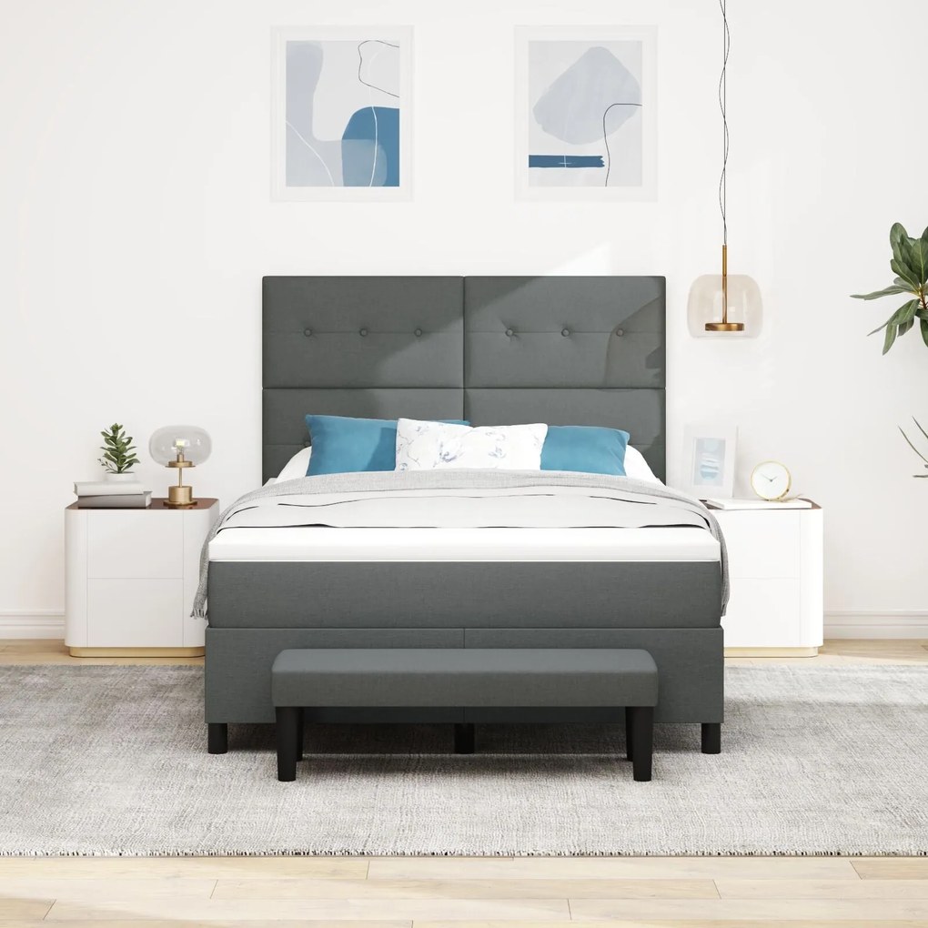 Cama Box Spring com Colchão e Banco Cinza Escuro 140x190 cm Tecido