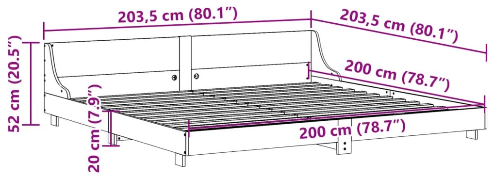 Estrutura de cama com cabeceira 200x200 cm pinho maciço branco