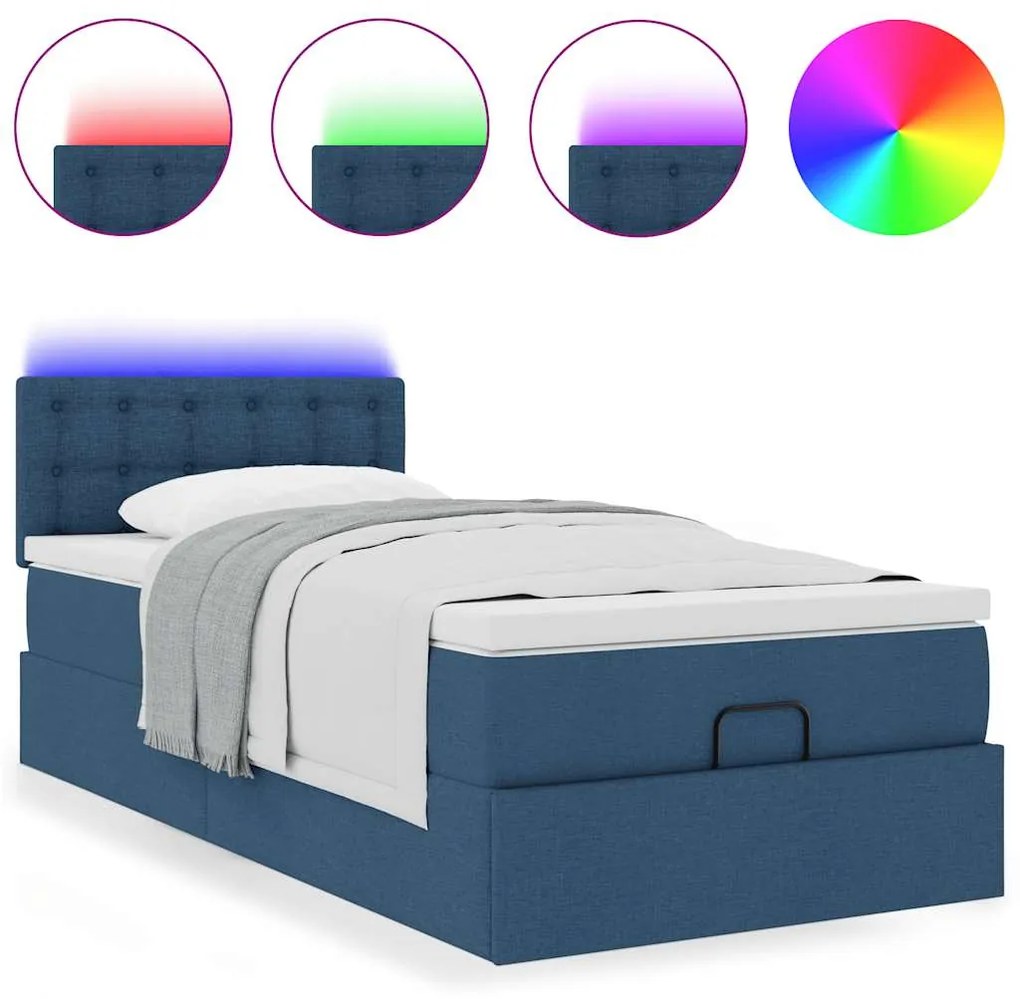 Cama Otomana com Colchão & LEDs Tecido Azul 90x200 cm