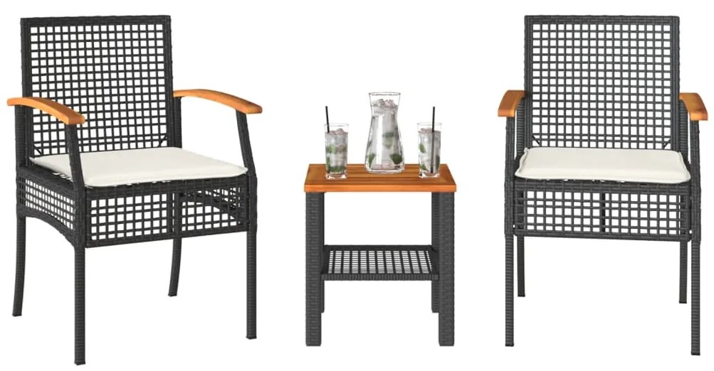 Conjunto de bistrô com almofadões 3 pcs vime PE e acácia preto