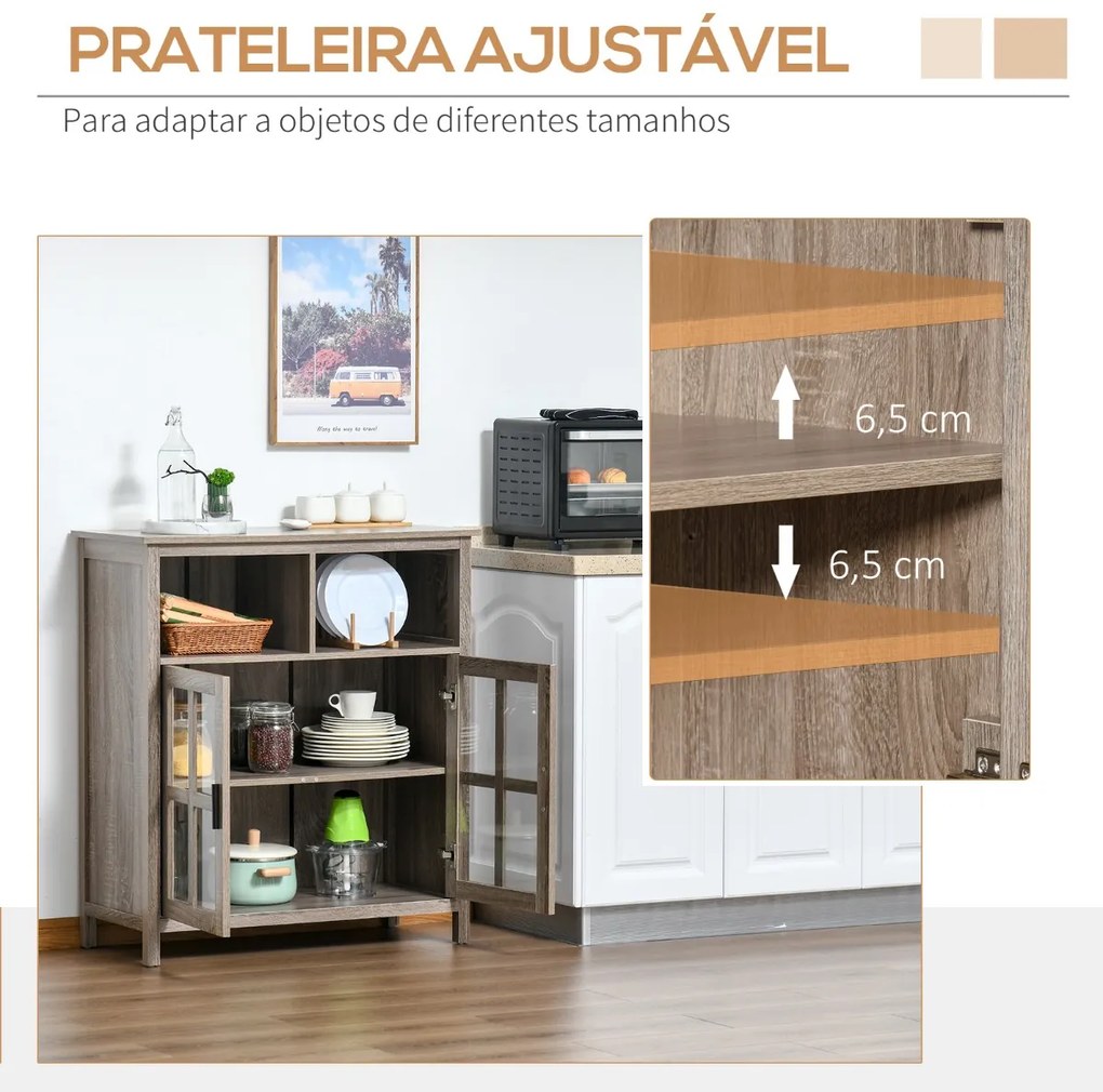 Aparador de Cozinha Armário Buffet com 2 Portas de Vidro e 2 Compartimentos Abertos Móvel Auxiliar de Armazenamento para Sala de Jantar Sala de