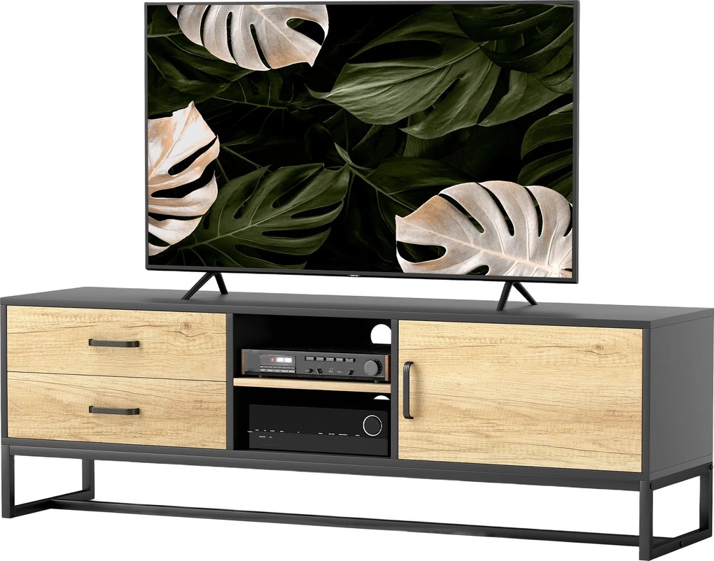 Móvel para televisores até 60 polegadas 140 x 35 x 45 cm, com prateleiras abertas e 2 gavetas, natural e preto