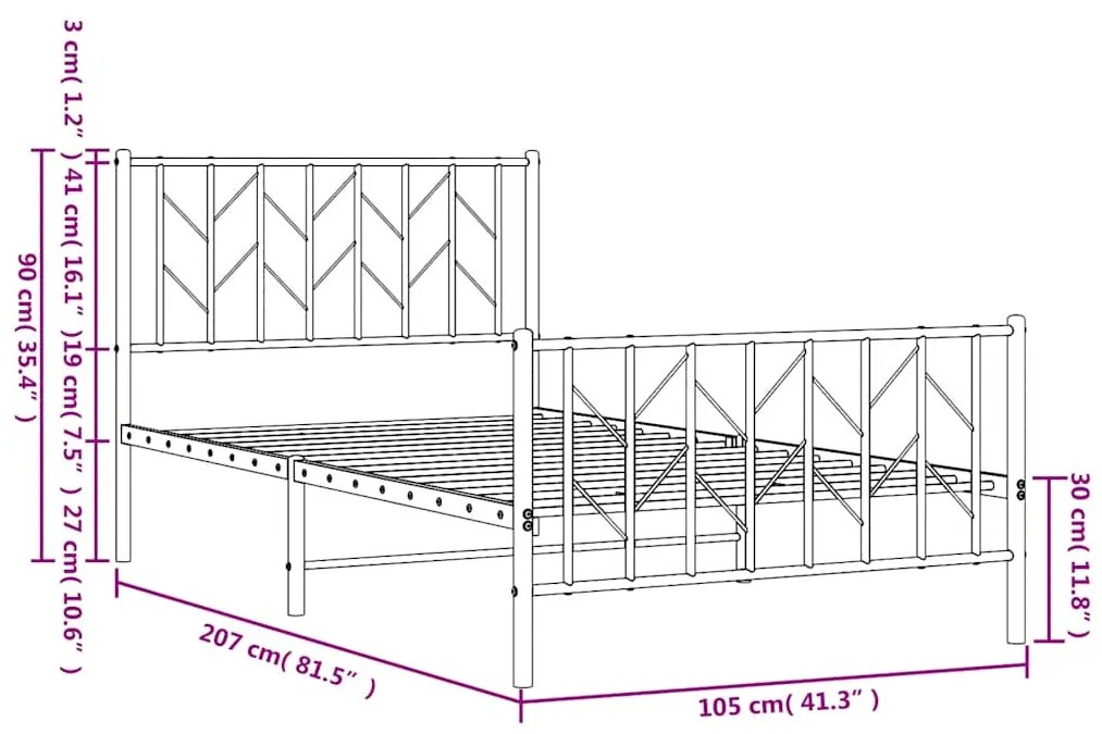 Estrutura de cama com cabeceira e pés 100x200 cm metal preto