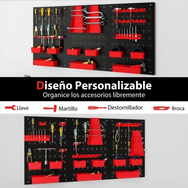 Organizador de parede ferramentas (Não incluidas) 120 x 60 x 2 cm com painel perfurado com 9 recipientes Suportes para martelos Preto e vermelho