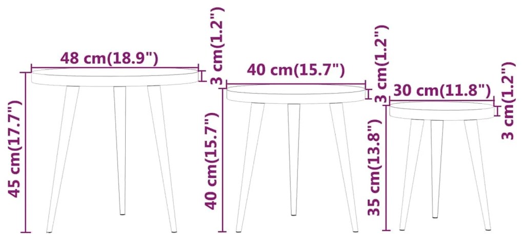 Conjunto mesas de apoio 3 pcs MDF e ferro cinzento