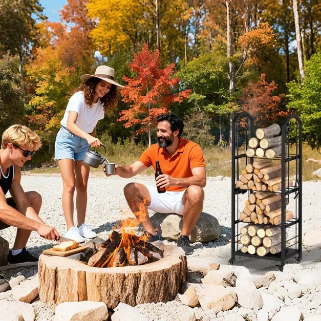 Estante para lenha 47 x 33 x 122 cm de 4 níveis com rodas e conjunto de 5 ferramentas. Inclui tenaz, atiçador, vassoura e pá para interior e exterior.