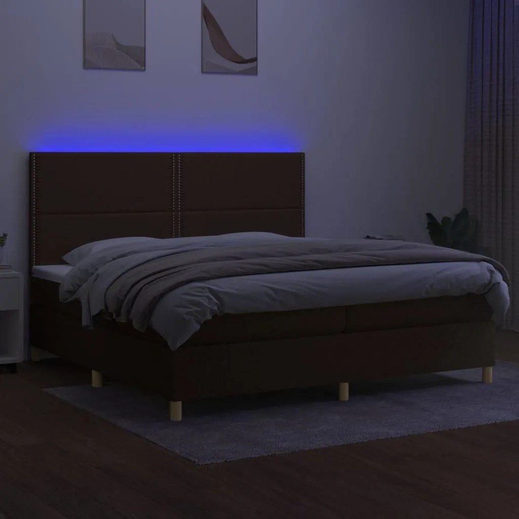 Cama box spring c/ colchão/LED 200x200cm tecido castanho-escuro