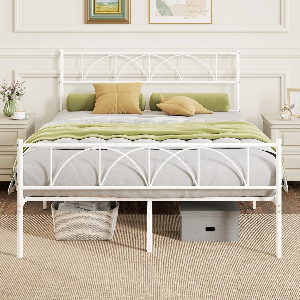 Cama de Casal com Cabeceira de Ripas de Aço (COLCHÃO NÃO INCLUIDO) e Espaço de Arrumação Debaixo da Cama Carga 330 kg 141,5x198x98 cm Branca