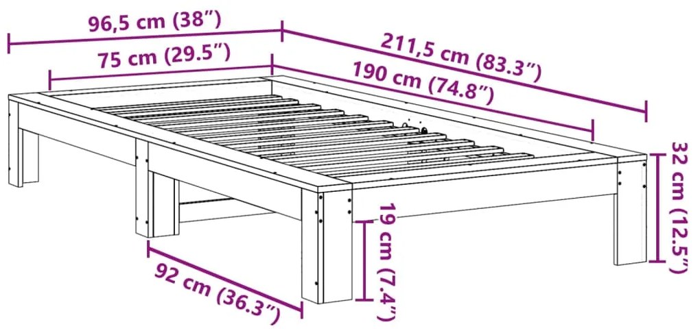 Cama sem colchão 75x190 cm madeira de pinho maciça