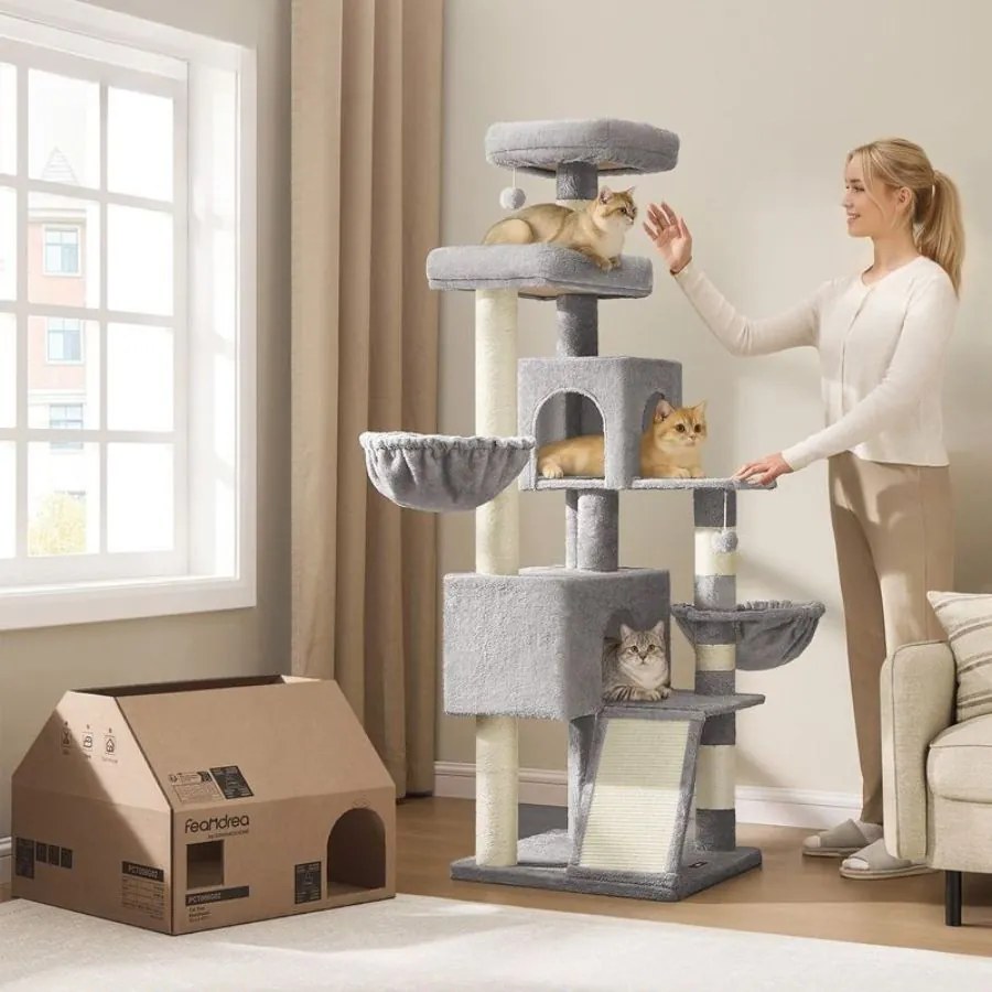 Arranhador para gatos de 55 x 55 x 174 cm com plataforma grande e cavidade dupla, cinzento