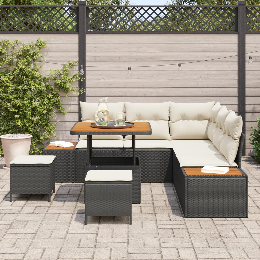 Conjunto de Sofá de Jardim Com 8 Peças e Almofadas Rattan Preto Acácia