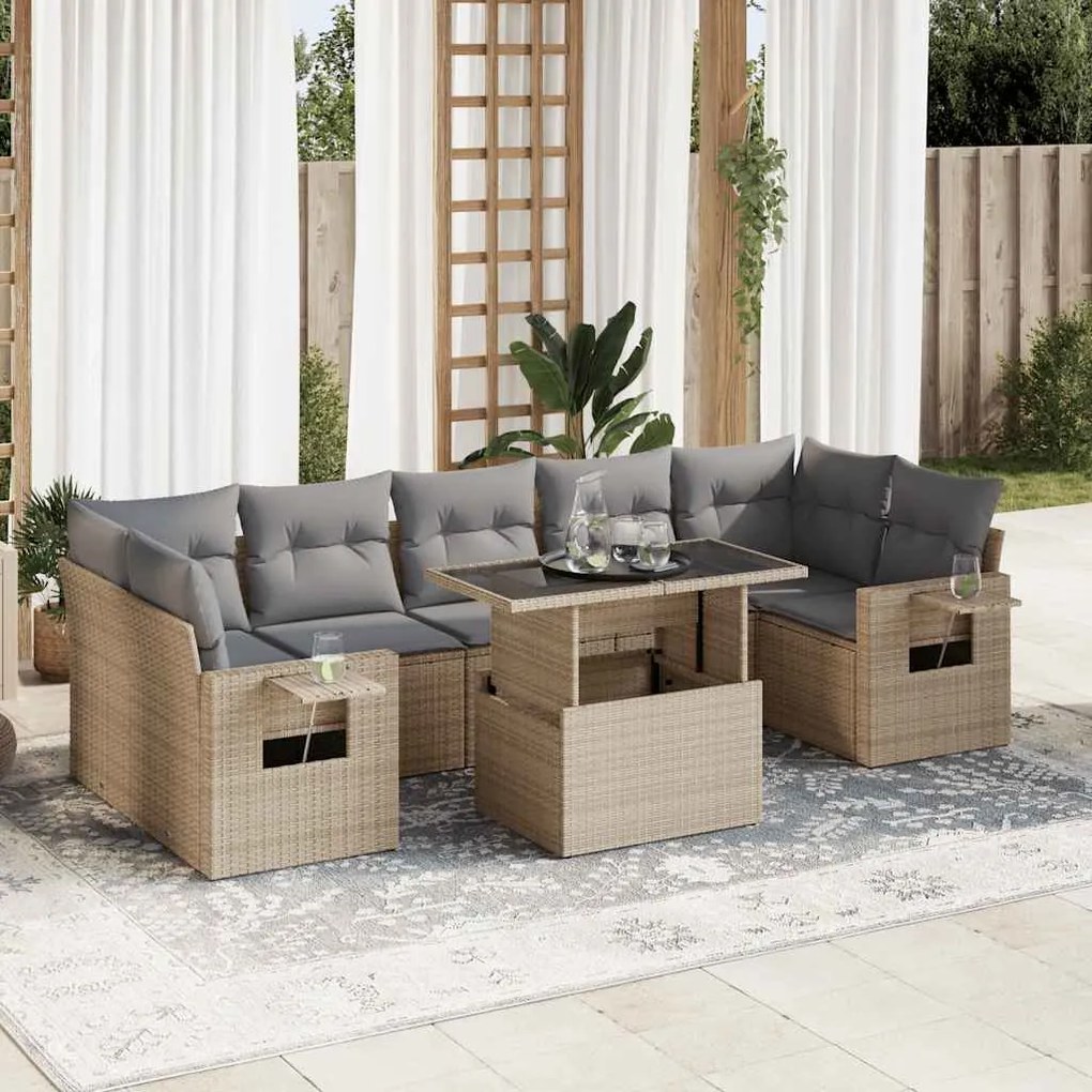 8 pcs conjunto de sofás p/ jardim com almofadões vime PE bege