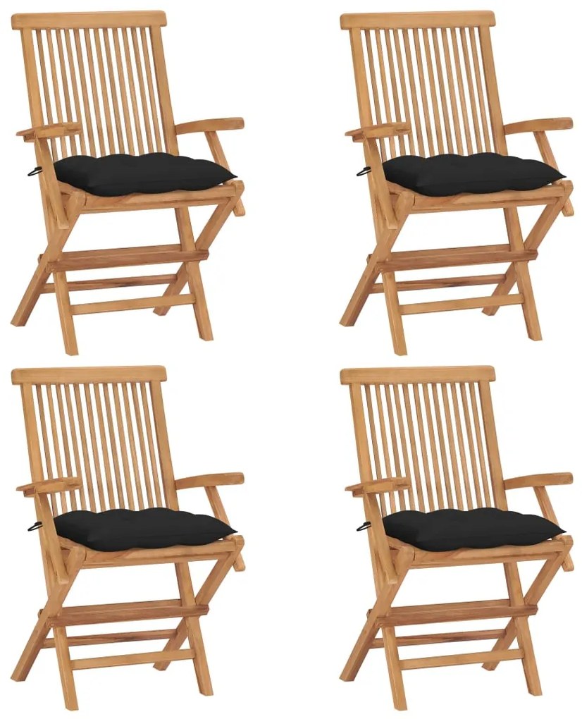 vidaXL Cadeiras de jardim c/ almofadões pretos 4 pcs teca maciça