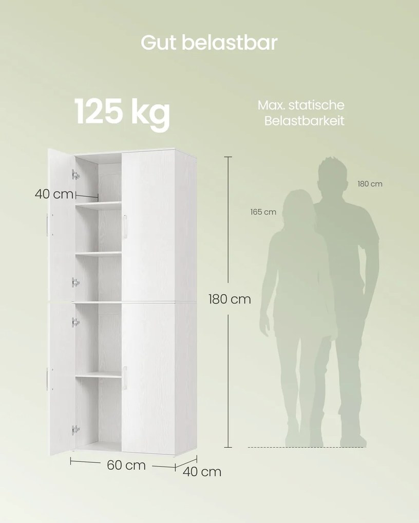 Armário multifuncional, com 4 portas, 5 prateleiras, armário de escritório, armário de arrumação, roupeiro, com puxadores, aglomerado de madeira, 60 x