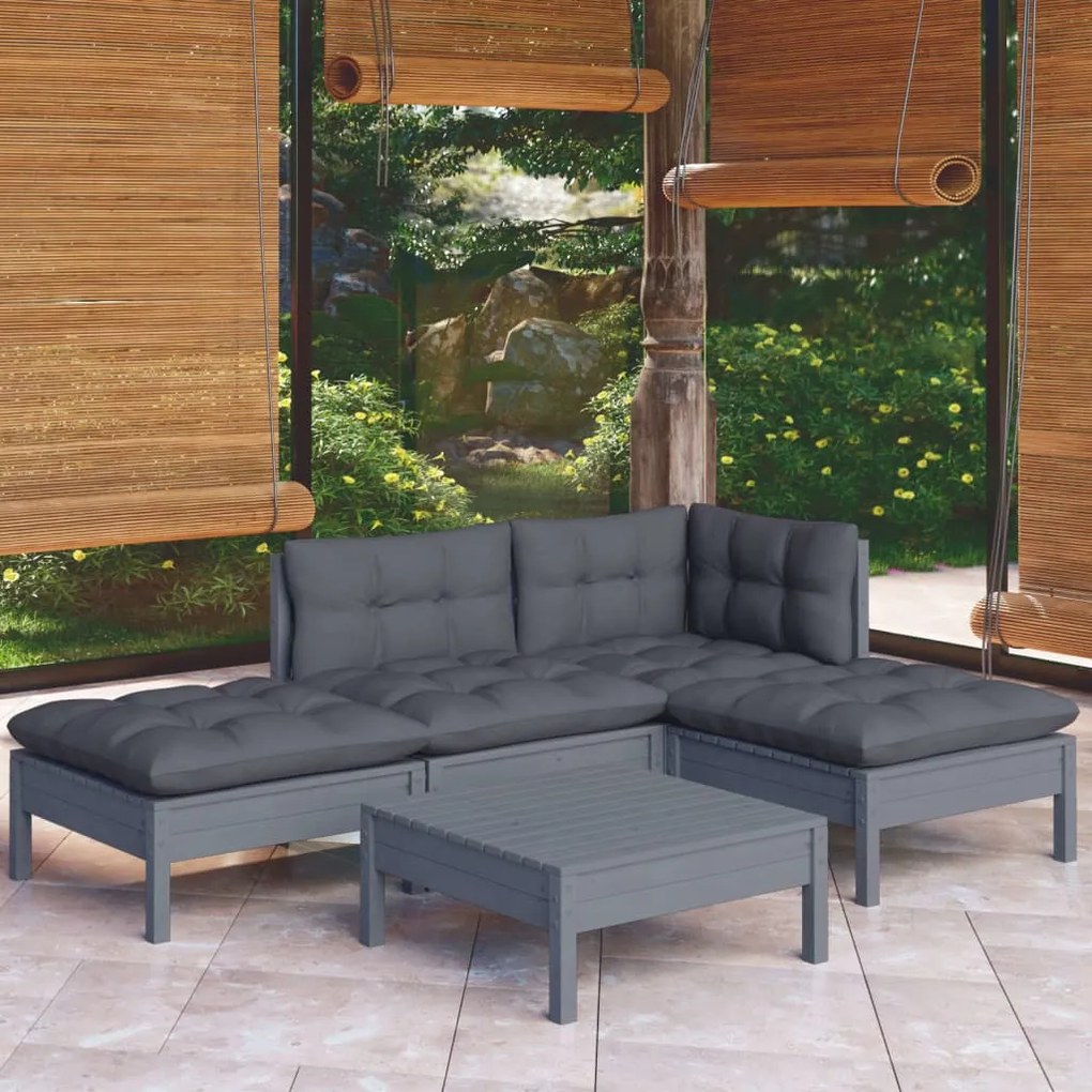 vidaXL 5 pcs conjunto lounge de jardim c/ almofadões pinho maciço