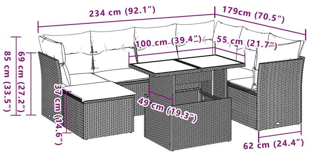 8 pcs conjunto sofás de jardim com almofadões vime PE preto