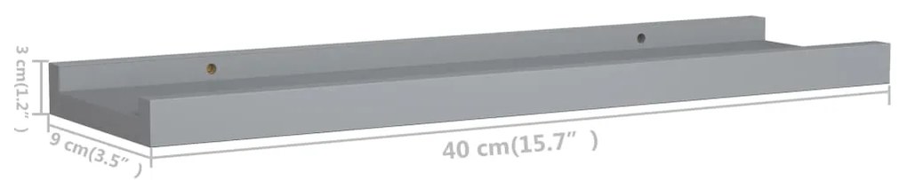 Unidade de prateleiras com rebordo 2 pcs 40x9x3 cm MDF cinzento