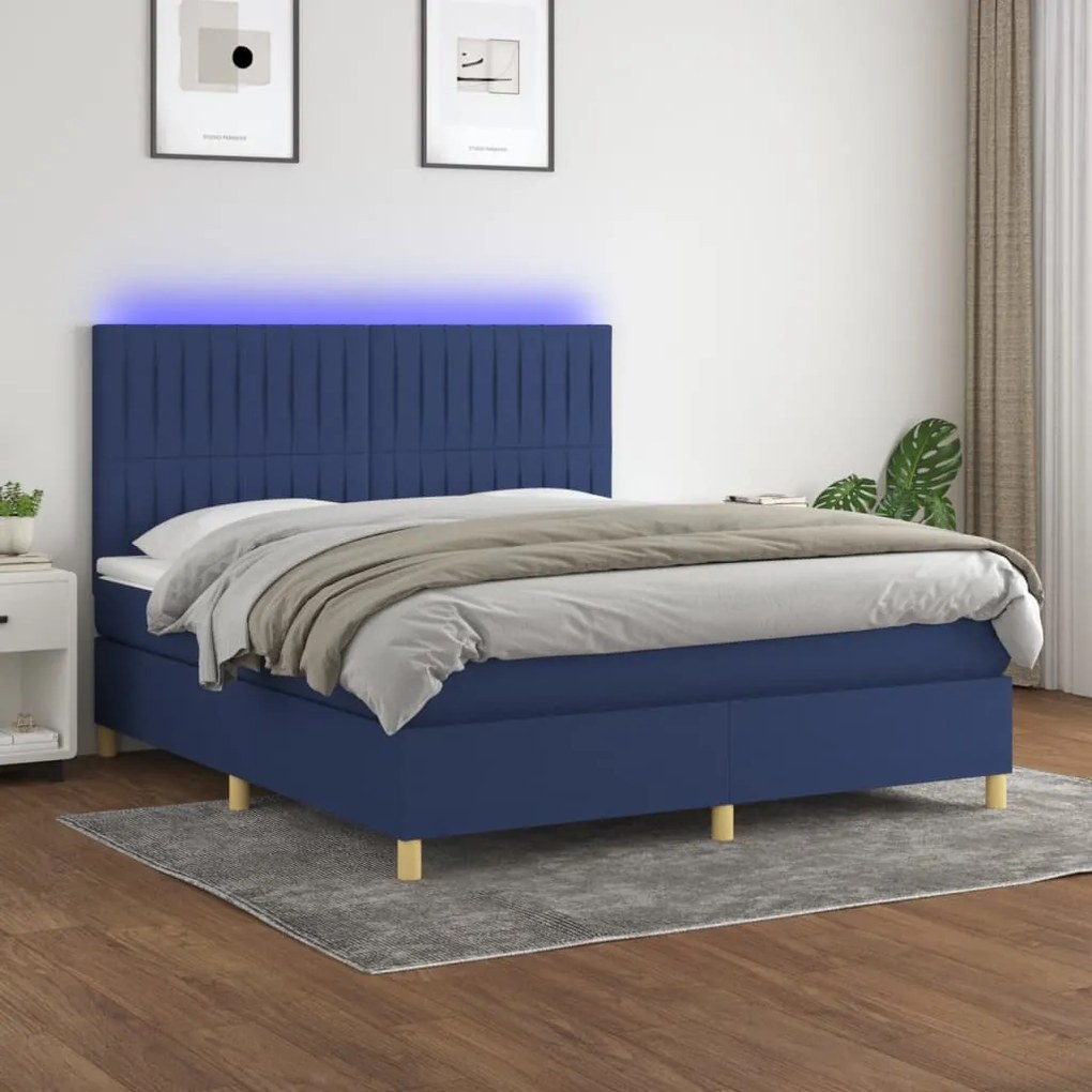 3135611 vidaXL Cama box spring c/ colchão e LED 160x200 cm tecido azul