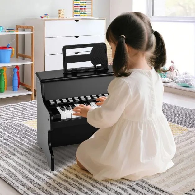 Piano de brincar com 25 teclas para crianças 38 x 24 x 29 cm, com suporte e modo de aprendizagem, velocidade e volume ajustáveis, design em madeira pr