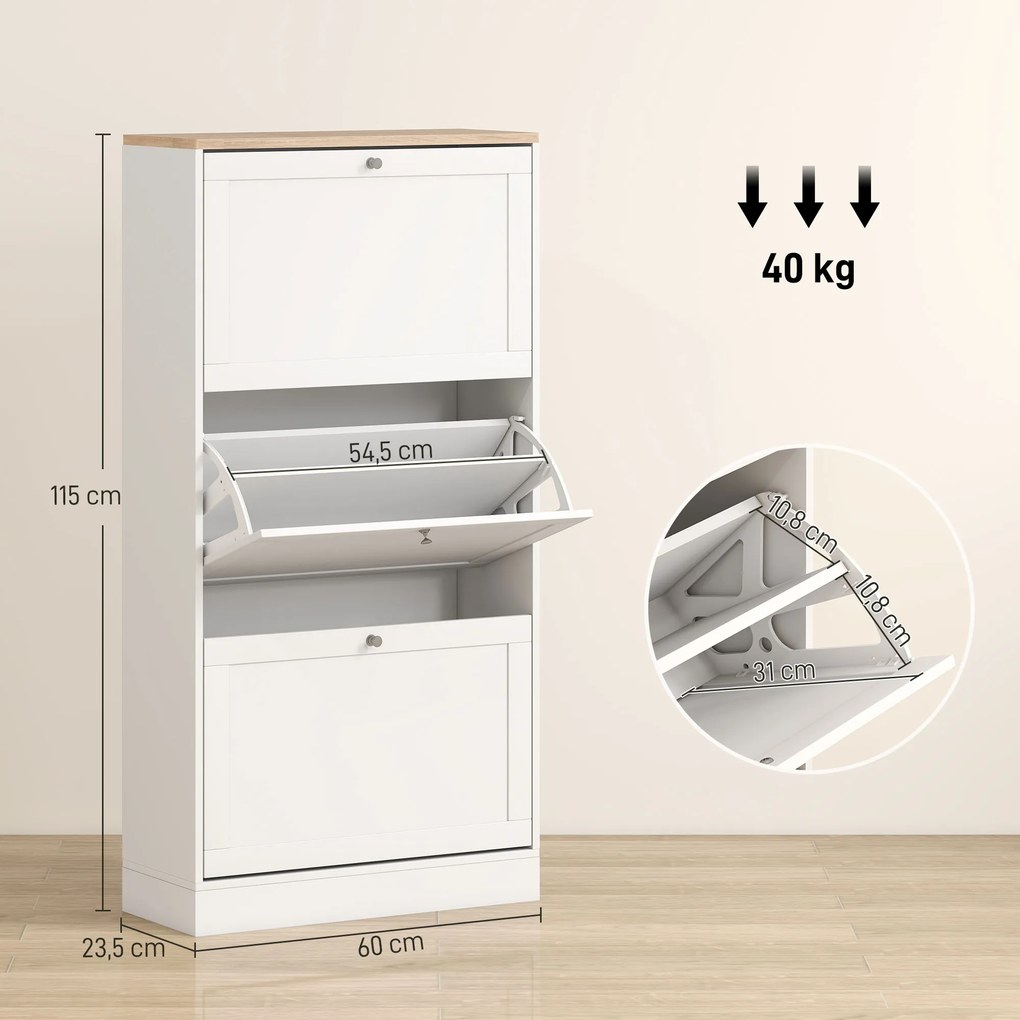 Móvel Sapateira de Entrada com 3 Gavetas Basculantes e Prateleiras Ajustáveis para 18 Pares de Sapatos 60x23,5x115 cm Branco