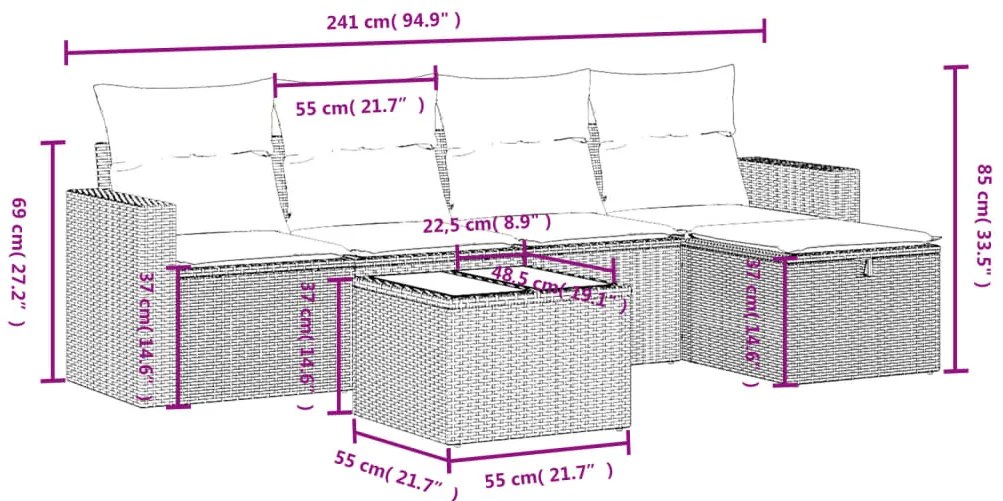 6 pcs conjunto de sofás p/ jardim com almofadões vime PE bege