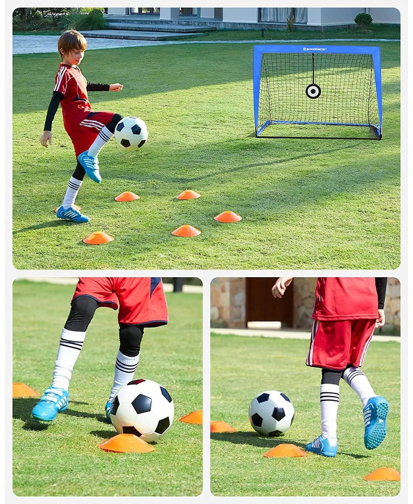 Conjunto de 2 balizas de futebol para crianças dobráveis com 6 cones de treino 90 x 120 x 90 cm em azul