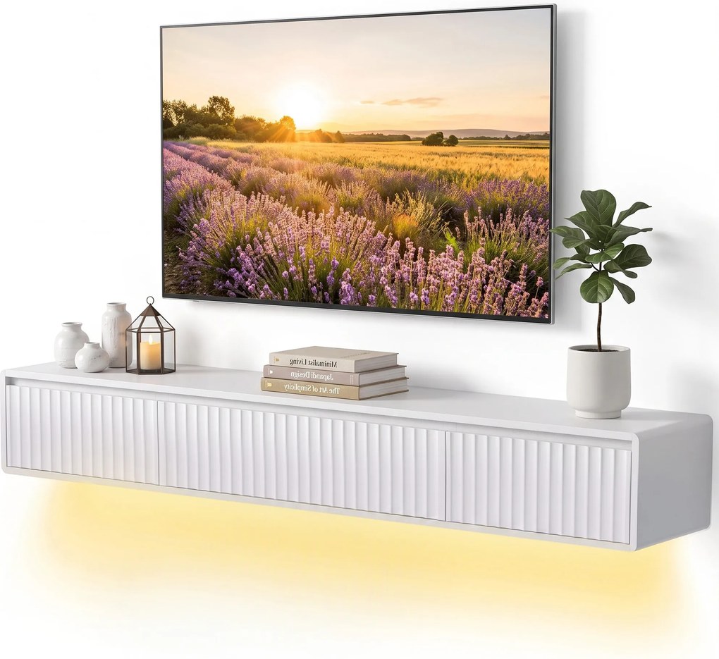 Móvel de TV Suspenso, 160 x 29,5 x 23,5 cm, Iluminação LED, Branco