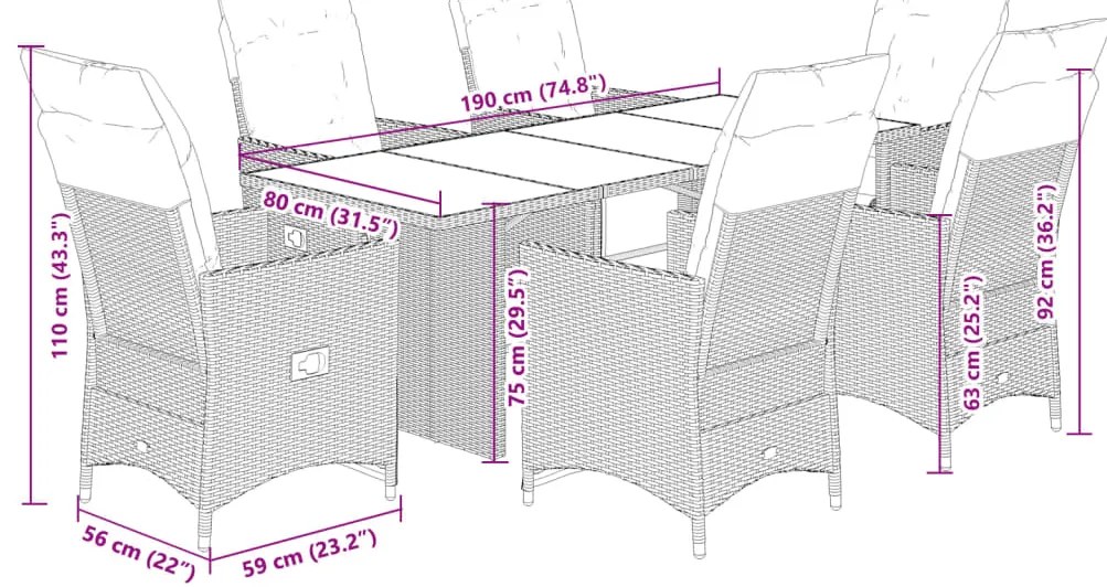 7 pcs conjunto bistrô de jardim c/ almofadões vime PE cinza