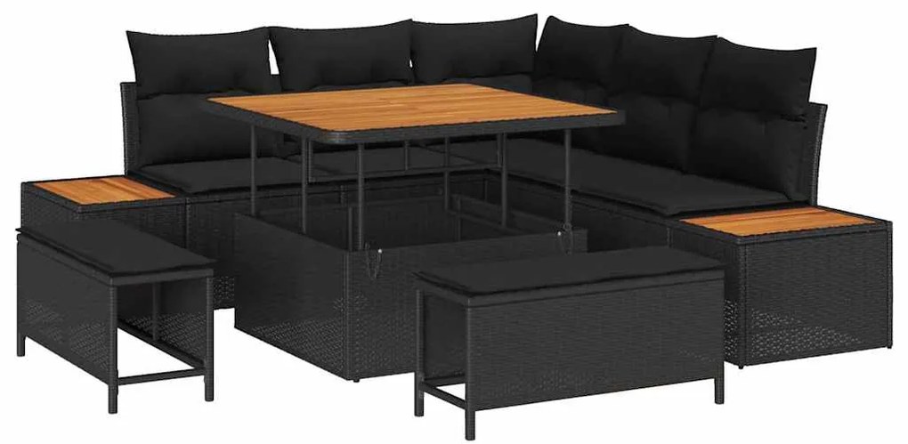 Conjunto de Sofá de Jardim 8 Peças com Almofadas Pretas em Rattan Sint