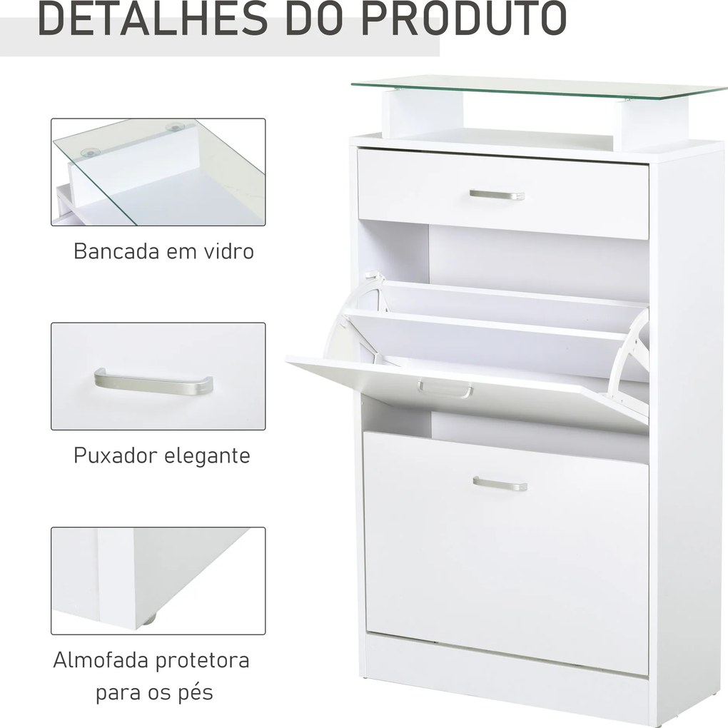 Móvel Sapateira de 2 Portas Sapateira Estreito para 12 Pares de Sapatos com Gaveta Prateleira Aberta e Bancada de Vidro para Corredor Entrada Carga Má