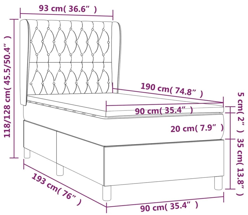 Cama com molas/colchão 90x190 cm veludo cinza-claro