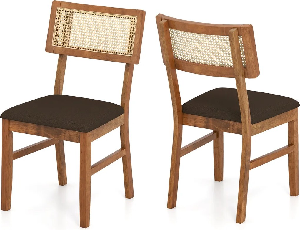 Conjunto de 2 cadeiras jantar estofadas com encosto em rattan tecido (MESA NÃO INCLUIDA), Estrutura em madeira de borracha Cor de nogueira e Castanho