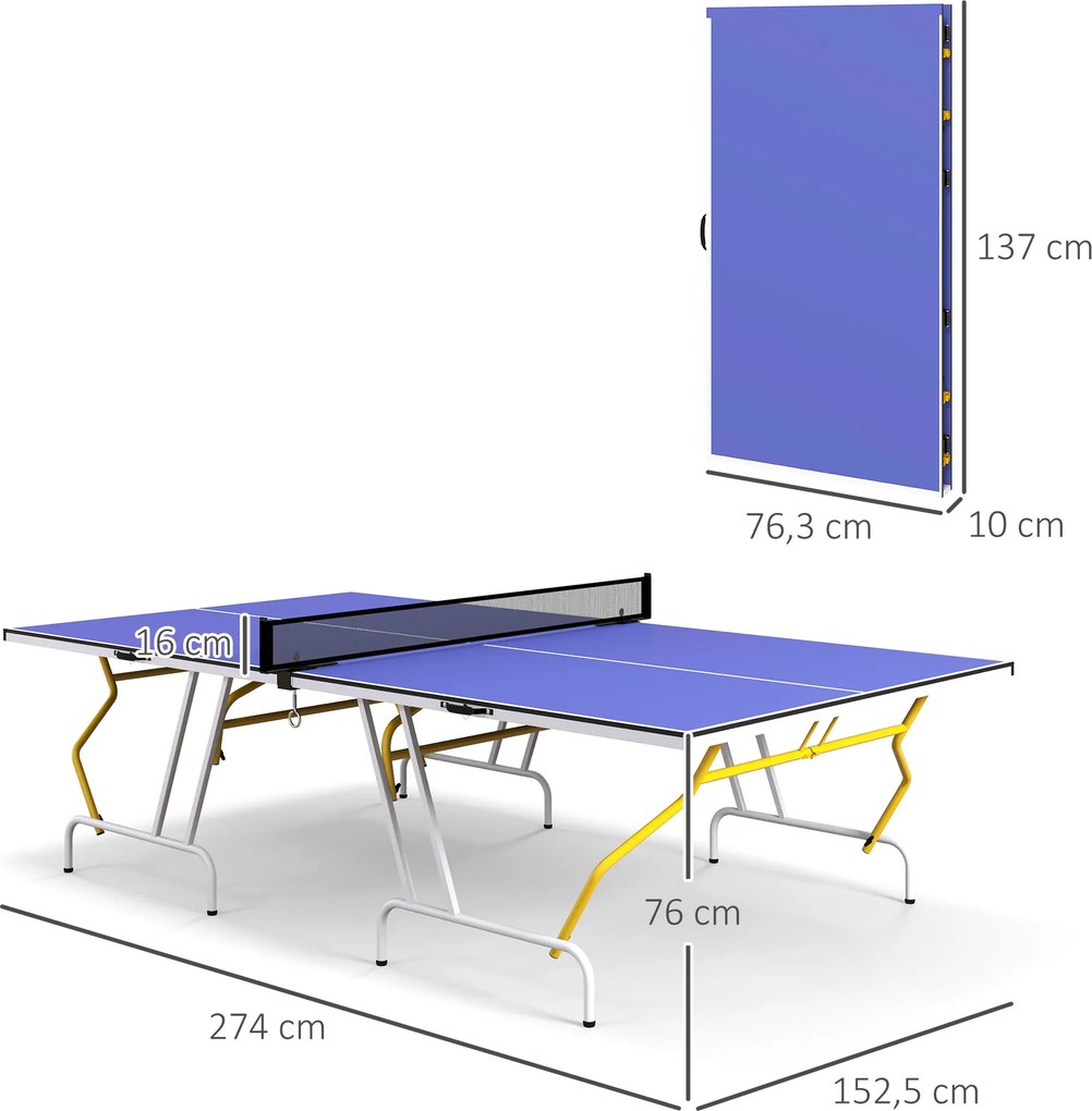 Mesa de Ping-Pong Dobrável com Rede Apoio para os Pés Ajustáveis e Estrutura de Aço para Interior e Exterior 274x152,5x76 cm Azul