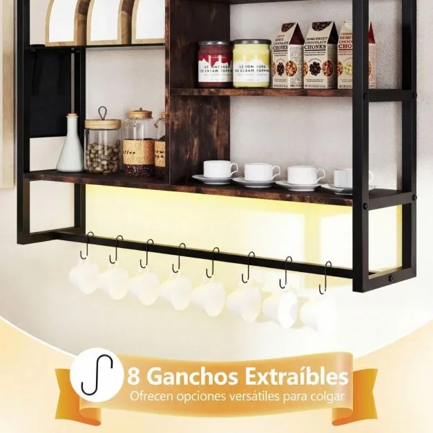 Prateleira suspensa 107 x 24 x 96 cm com luzes LED, controlo remoto via app, 6 níveis, 8 ganchos em S e bolso lateral para cozinha, bar ou casa – Cast