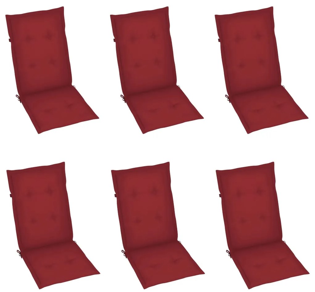 Cadeiras de jardim almofadões vermelho tinto 6 pcs teca maciça