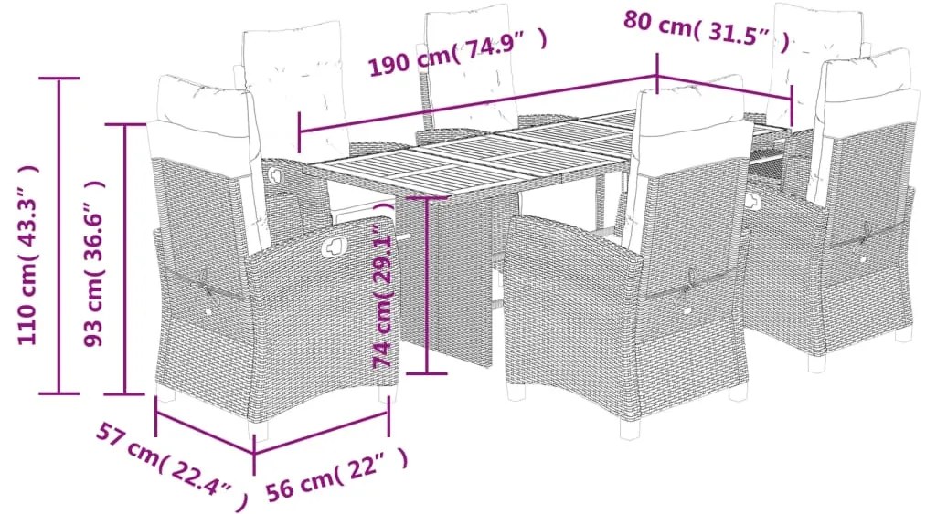 7 pcs conjunto de jantar p/ jardim c/ almofadões vime PE preto