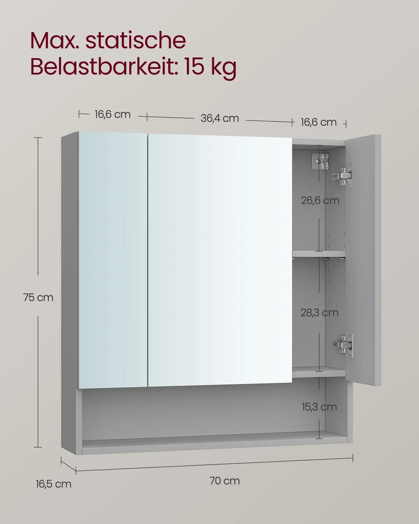 Armário de casa de banho parede com 3 portas 16,5 x 70 x 75 cm Cinzento