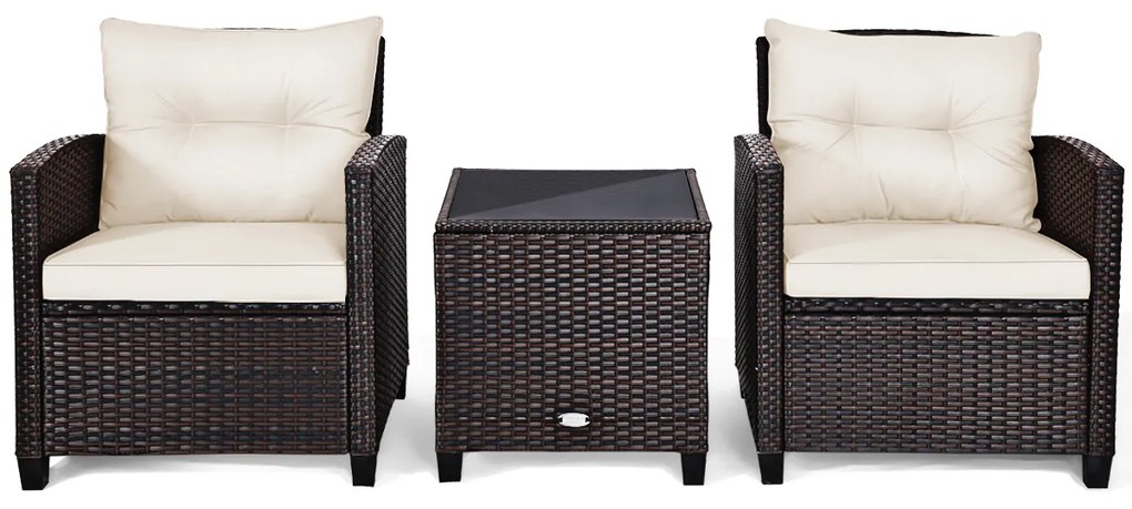 Conjunto Jardim de 3 peças 2 sofás e 1 Mesa com almofadas laváveis para jardim, piscina, varanda Castanho e Branco