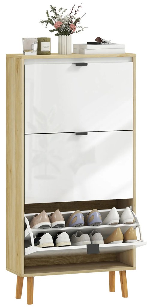 HOMCOM Sapateira Estreita com 3 Portas em Branco Brilhante Sapateira de Entrada com Prateleiras Ajustáveis e Pernas de Madeira para 18 Pares de Sapatos 60x24x127 cm Branco