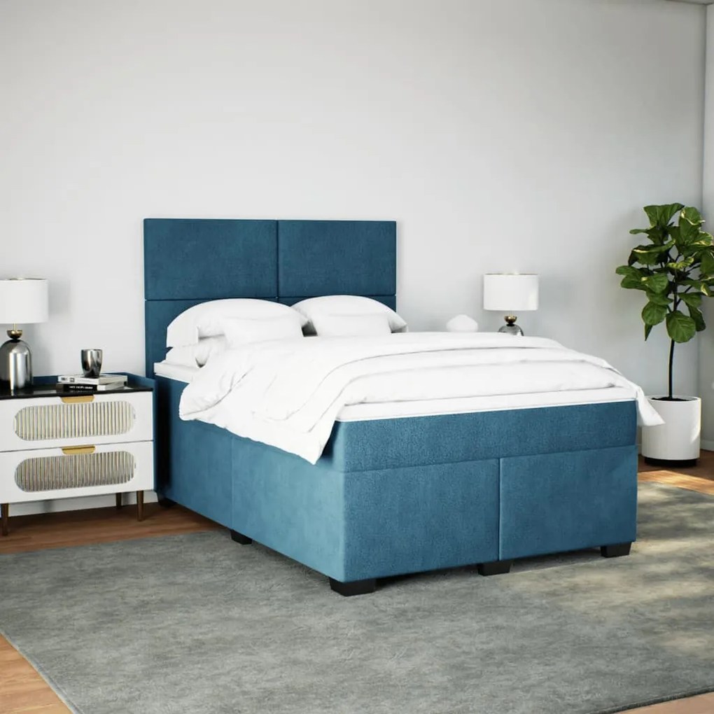 Cama boxspring com colchão 140x190 cm veludo azul