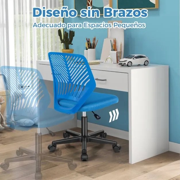 Cadeira de secretária ergonómica para crianças, ajustável em altura Cadeira giratória sem braços com rodas universais para o escritório em casa Azul