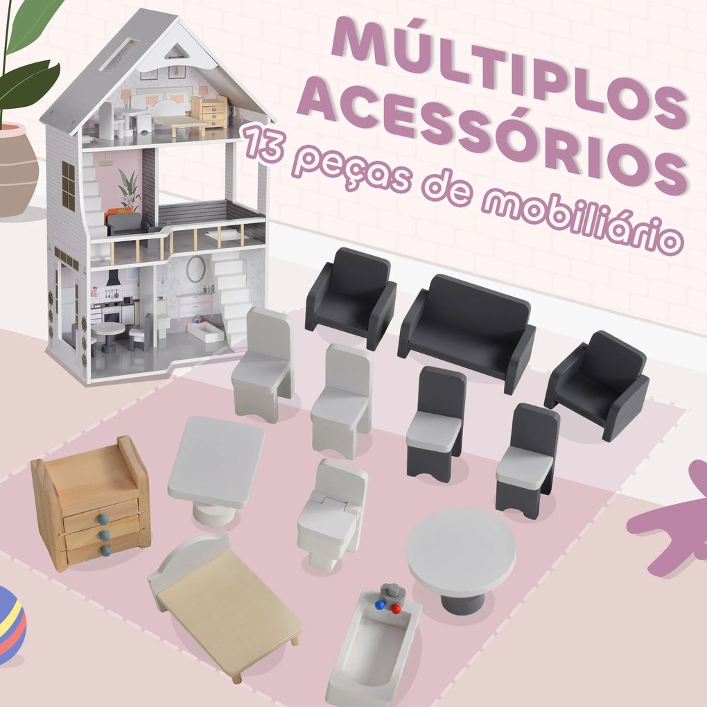 AIYAPLAY Casa de Bonecas com Móveis e Acessórios Casa de Bonecas de Ma