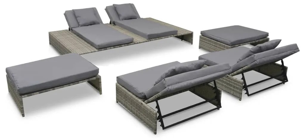 5 pcs conjunto lounge de jardim c/ almofadões vime PE cinzento