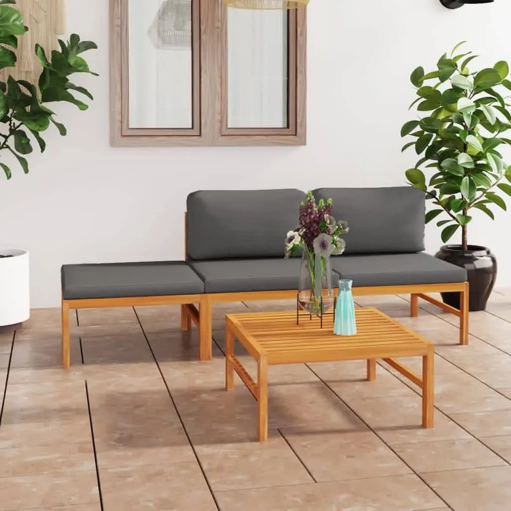 4 pcs conj. lounge jardim c/ almofadões cinzentos teca maciça