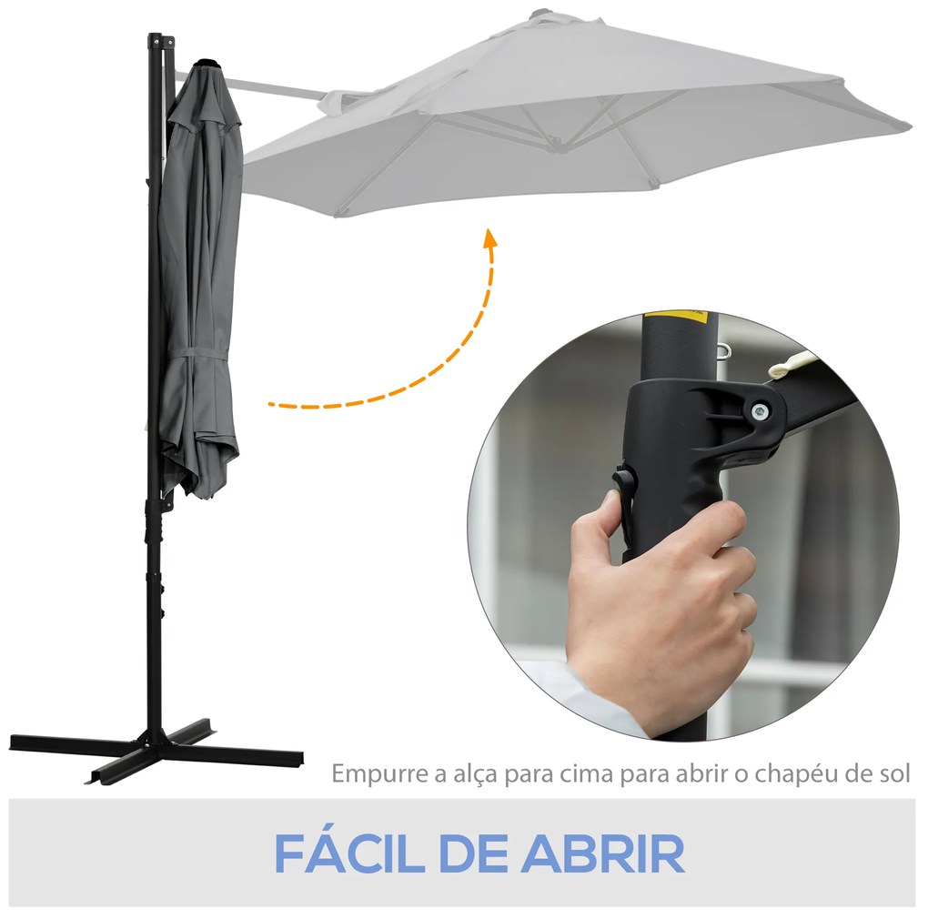Outsunny Chapéu de Sol de Jardim Ø256x245cm Chapéu de Sol Excêntrico Rotação 360° com Abertura Manual e Base Cruzada para Pátio Varanda Exterior Cinza Escuro