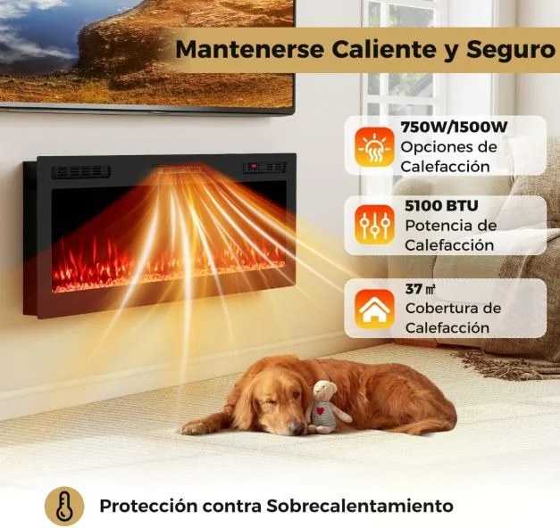 Lareira elétrica 91,4 x 10 x 46 cm embutir 750 W/1500 W compatível com Alexa e Google Assistant  com controle remoto/APP 12 cores preta