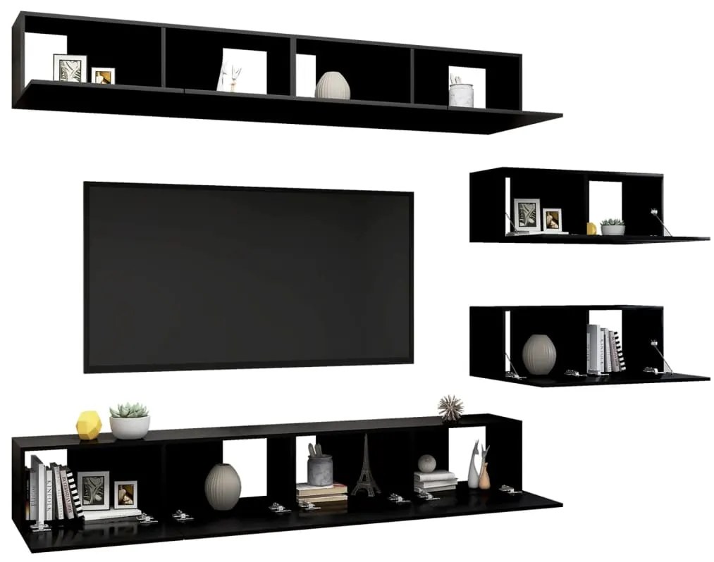 6 pcs conjunto de móveis de TV derivados de madeira preto