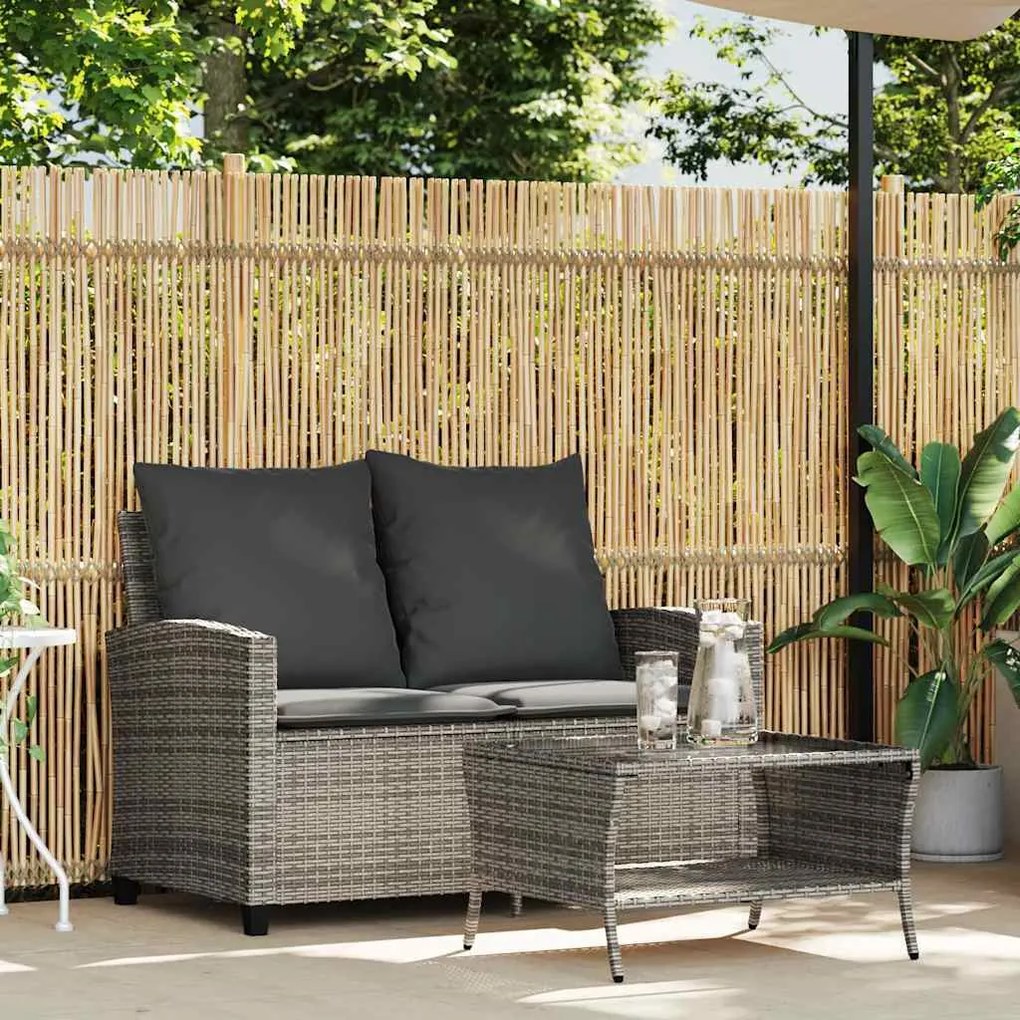 Sofá de jardim 2 lugares com almofadões vime PE cinzento